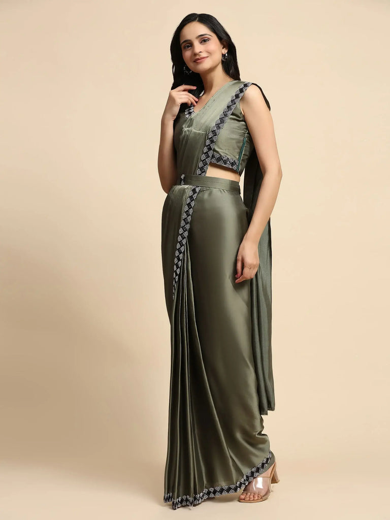 Mesmerizing Olive Green Lace Work Satin Ready To Wear Saree