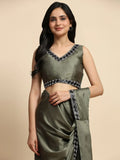 Mesmerizing Olive Green Lace Work Satin Ready To Wear Saree