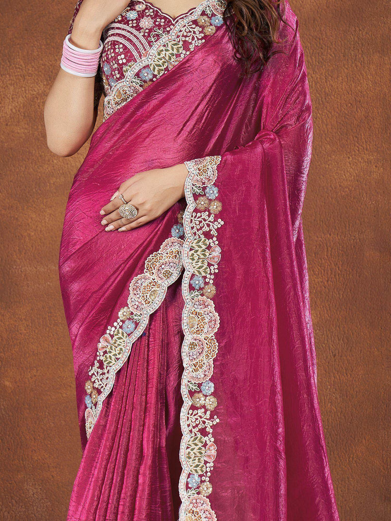 Astonishing Pink Heavy Border Work Silk Wedding Saree With Blouse