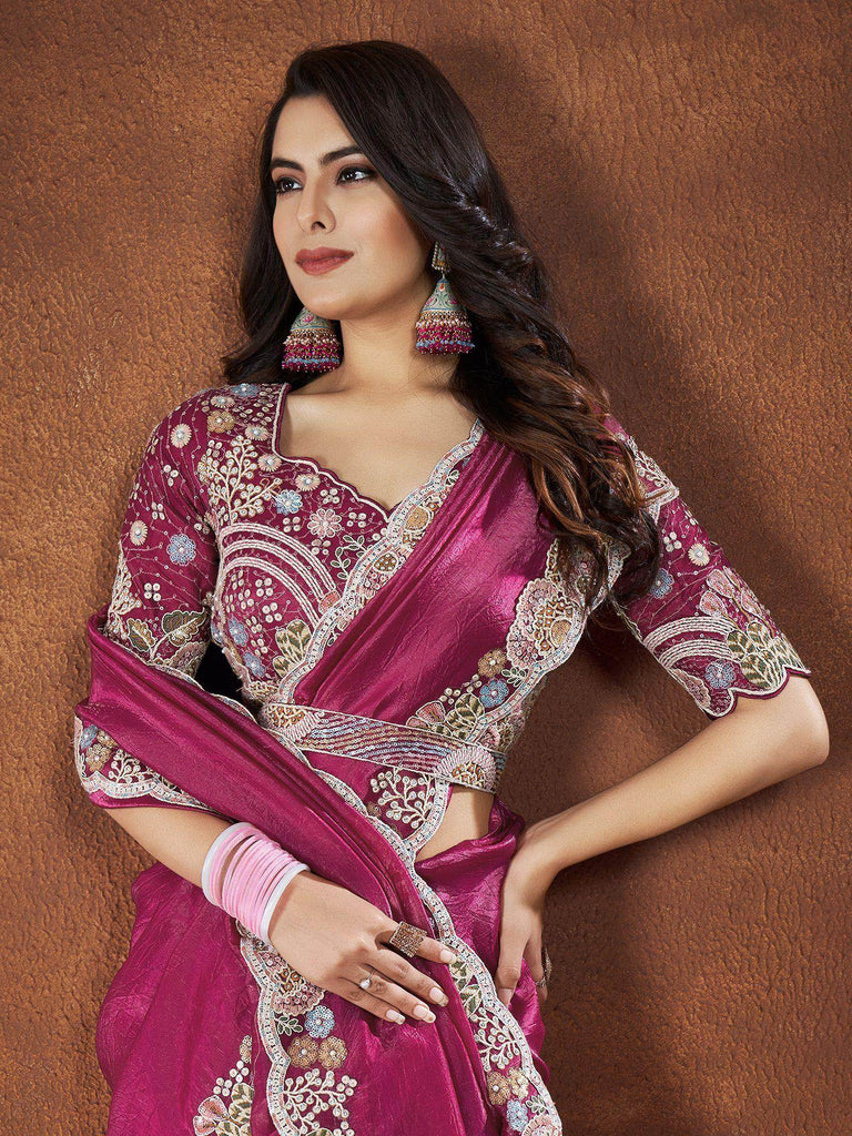 Astonishing Pink Heavy Border Work Silk Wedding Saree With Blouse