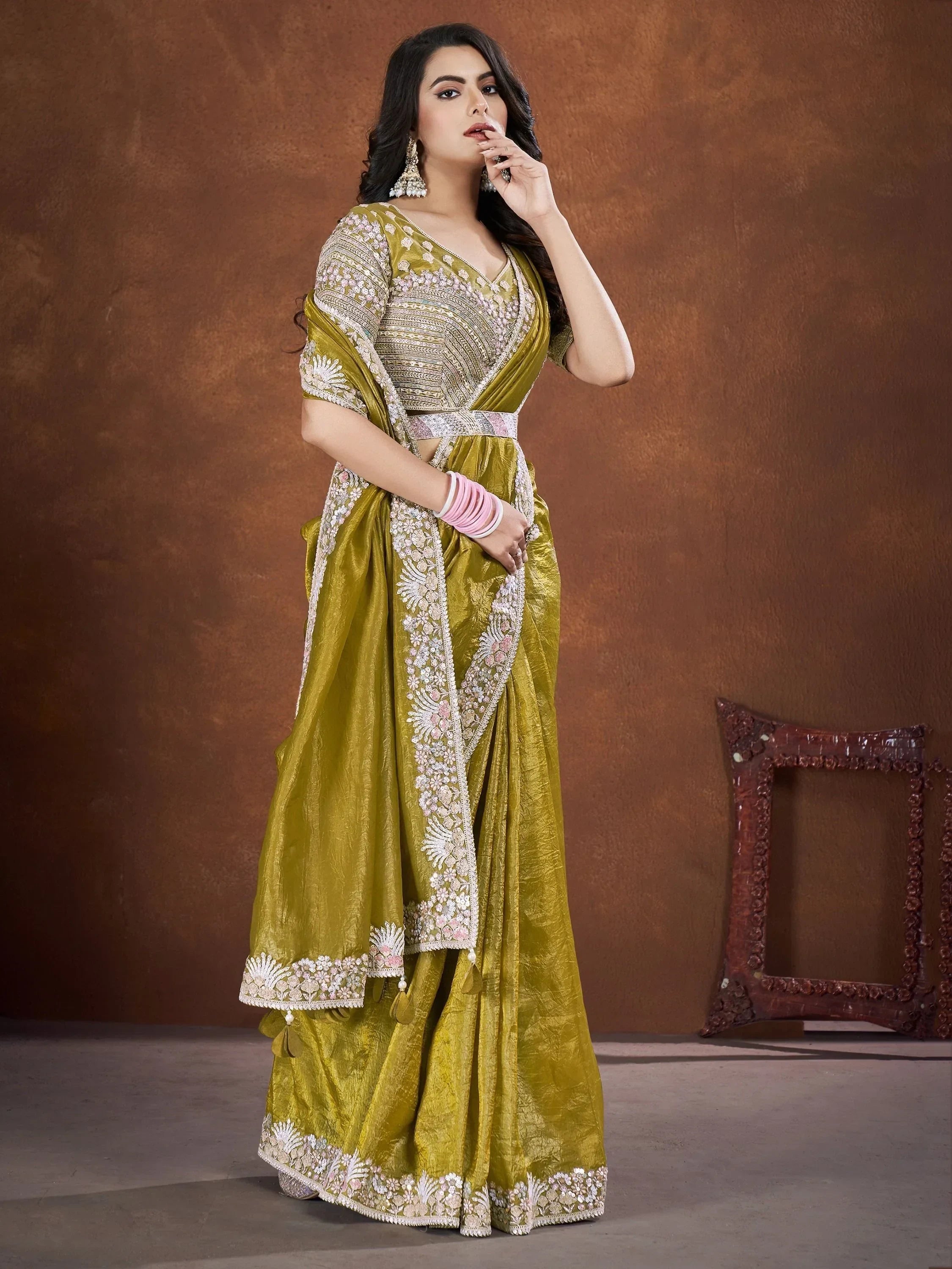 Fabulous Green Heavy Border Work Silk Mehendi Wear Saree With Blouse