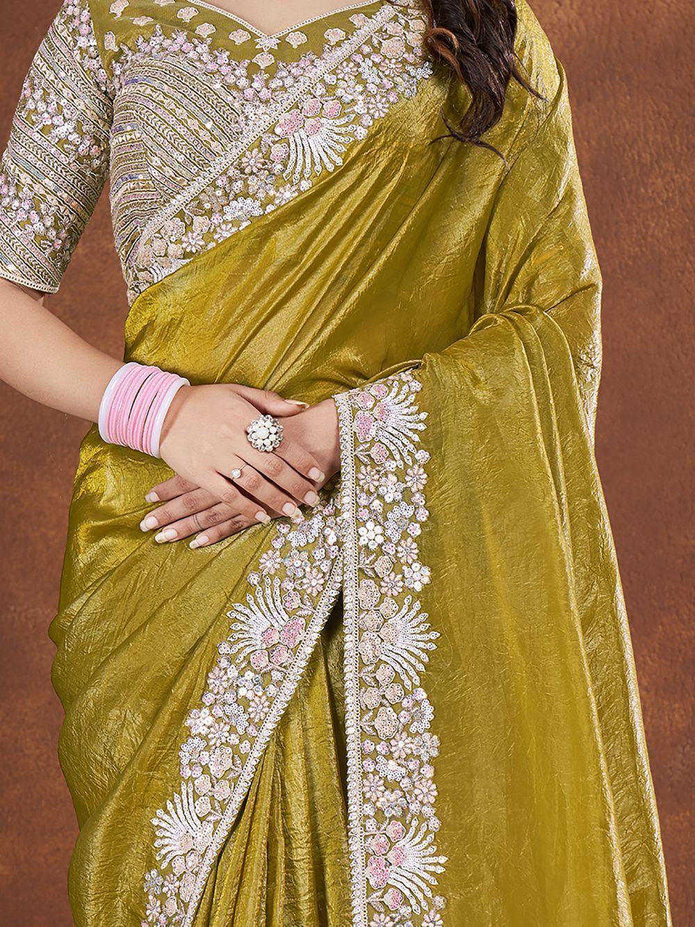 Fabulous Green Heavy Border Work Silk Mehendi Wear Saree With Blouse
