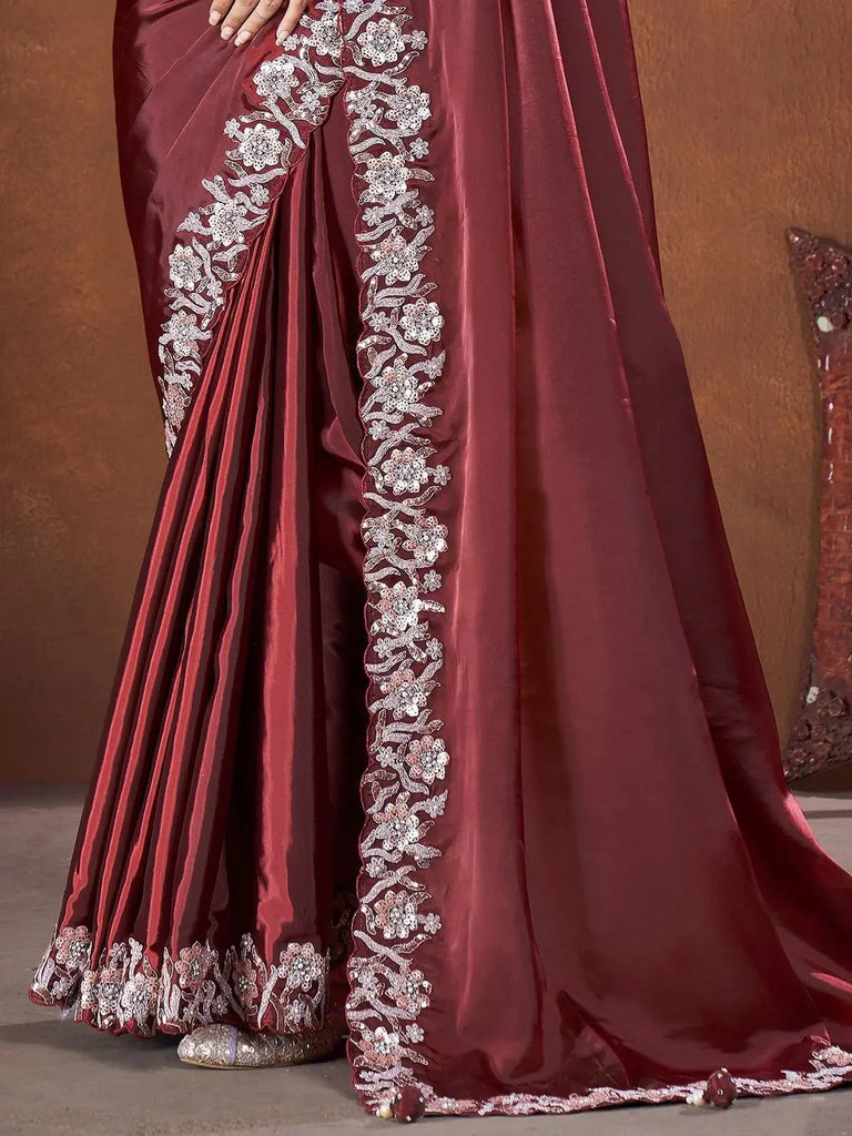 Amazing Maroon Heavy Border Work Silk Wedding Saree With Blouse