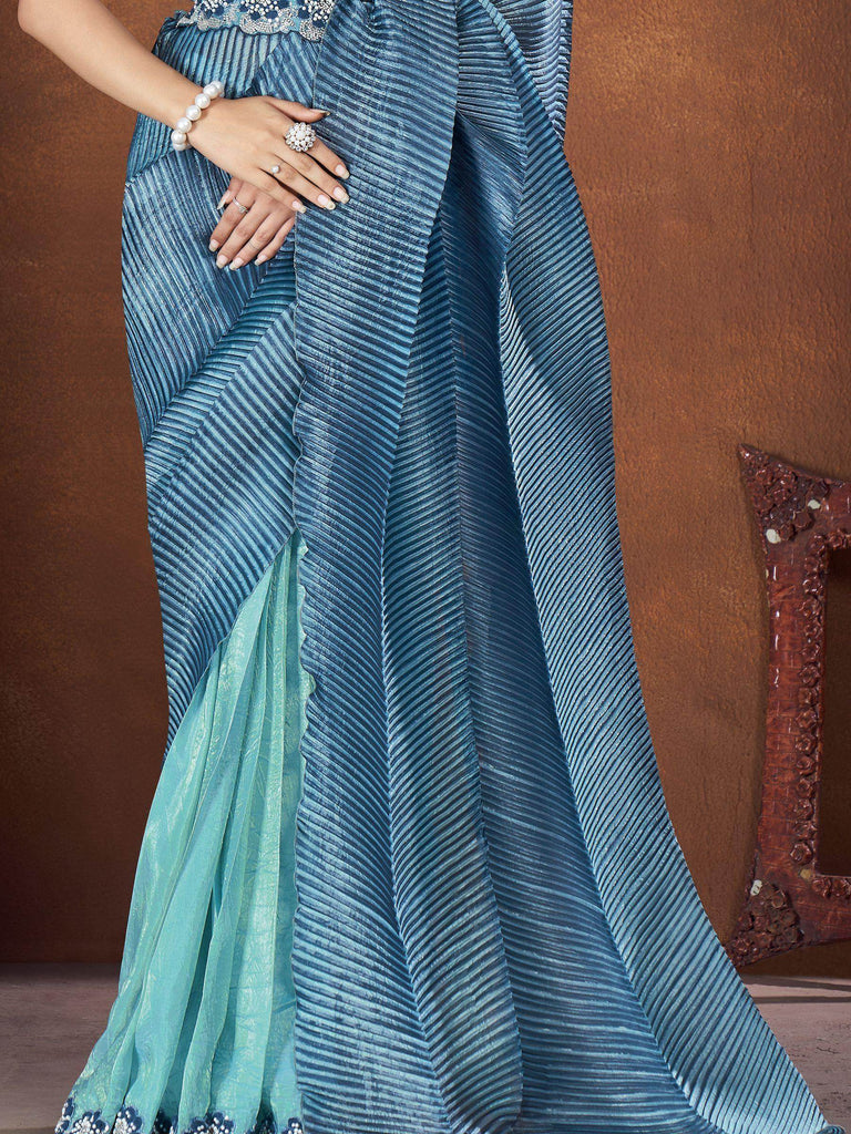 Awesome Blue Printed Silk Event Wear Pleated Saree With Blouse