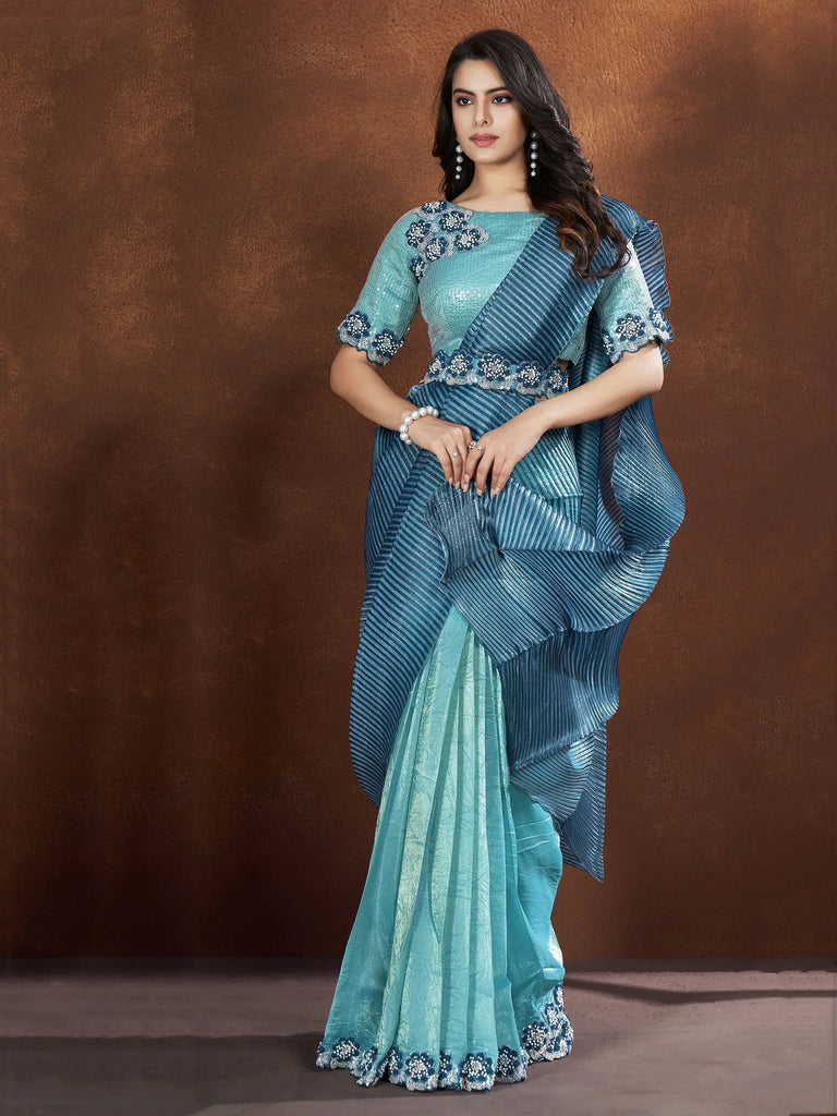 Awesome Blue Printed Silk Event Wear Pleated Saree With Blouse
