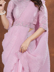 Marvelous Lilac Silk Reception Wear Pleated Saree With Blouse