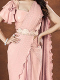 Outstanding Peach Silk Designer Pleated Saree With Blouse