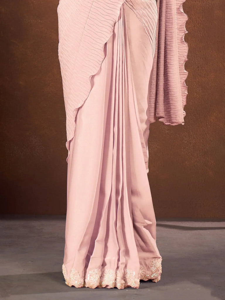 Outstanding Peach Silk Designer Pleated Saree With Blouse