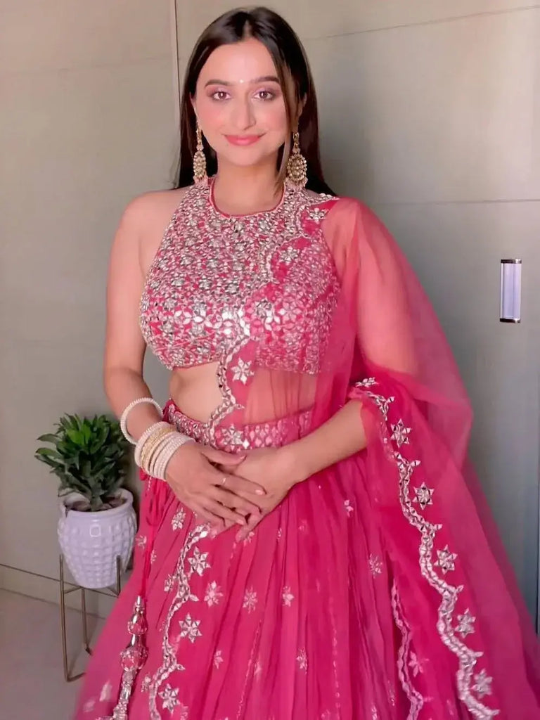Amazing Punch Pink Zari Foil Mirror Georgette Wedding Wear Lehenga Choli
