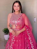 Amazing Punch Pink Zari Foil Mirror Georgette Wedding Wear Lehenga Choli