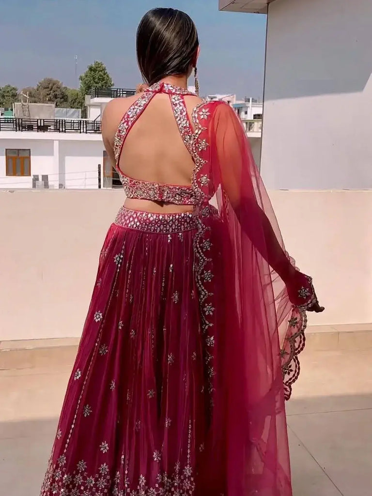 Amazing Punch Pink Zari Foil Mirror Georgette Wedding Wear Lehenga Choli