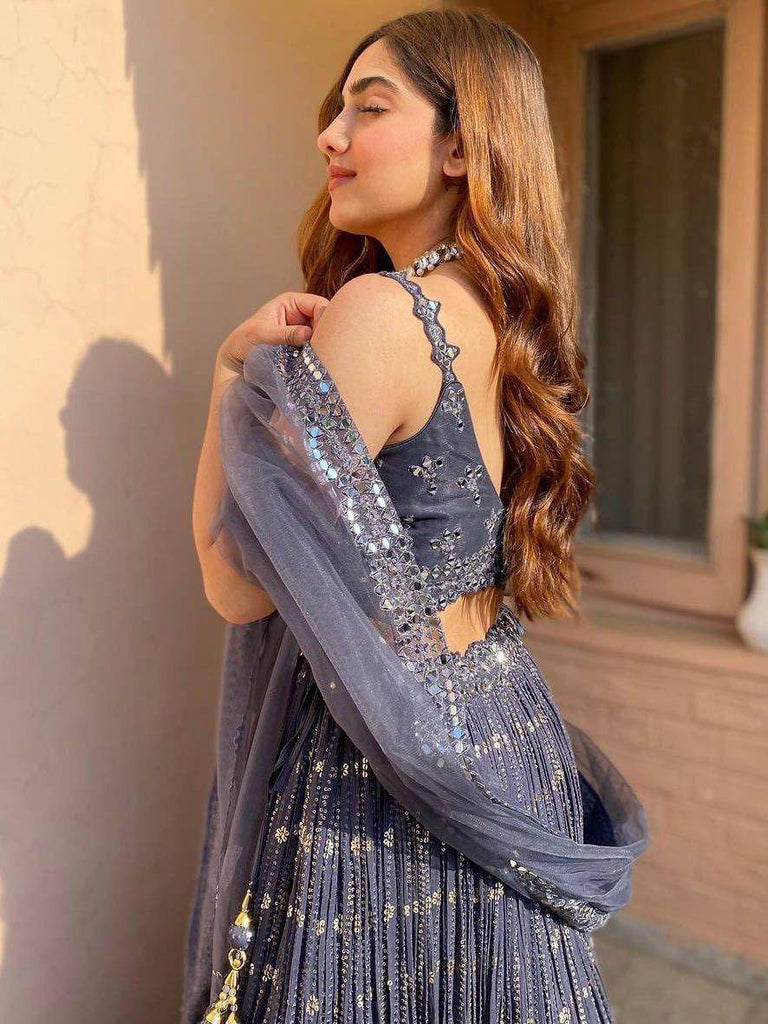Unique Grey Thread Foil Mirror Georgette Party Wear Lehenga Choli