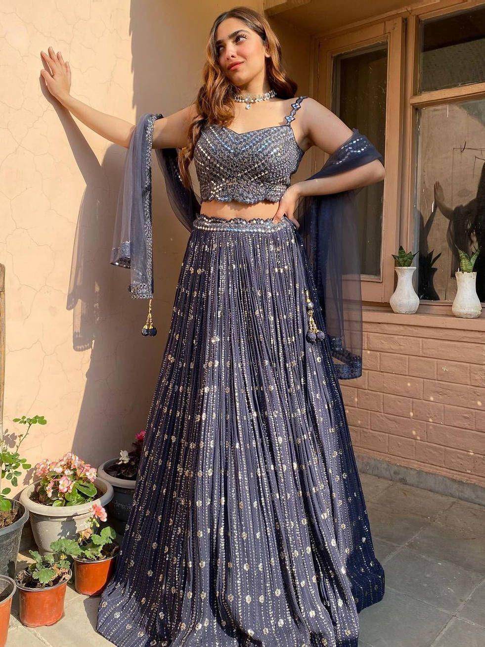 Unique Grey Thread Foil Mirror Georgette Party Wear Lehenga Choli