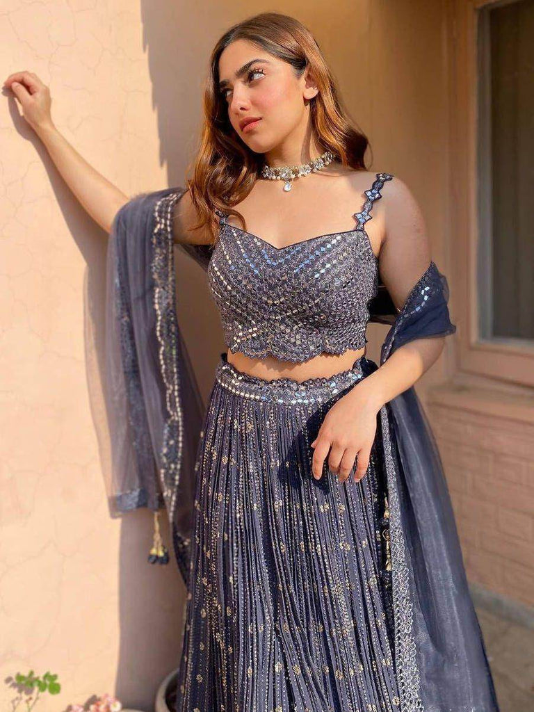 Unique Grey Thread Foil Mirror Georgette Party Wear Lehenga Choli