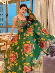 Wonderful Green Umbrella Printed Organza Party Wear Lehenga Choli
