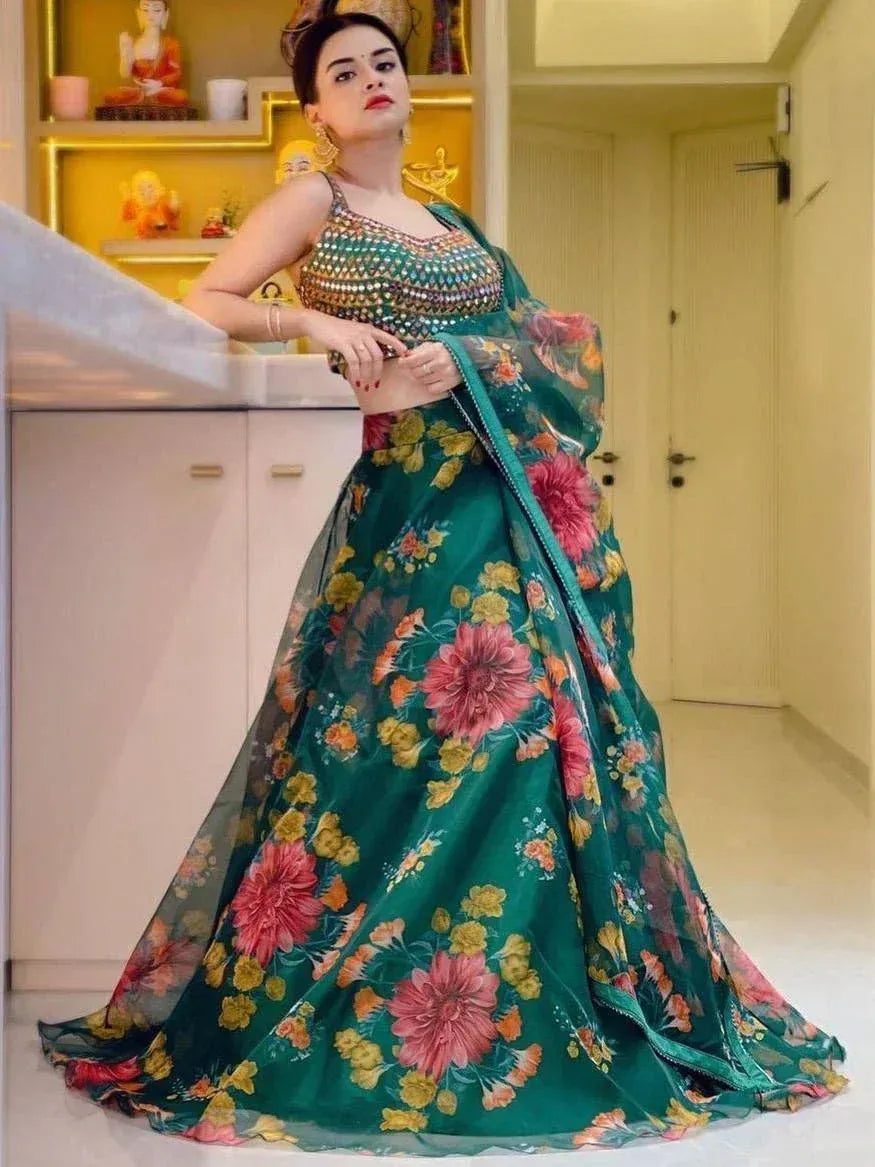 Green floral lehenga choli with embellished crop top, perfect for Indian ethnic occasions