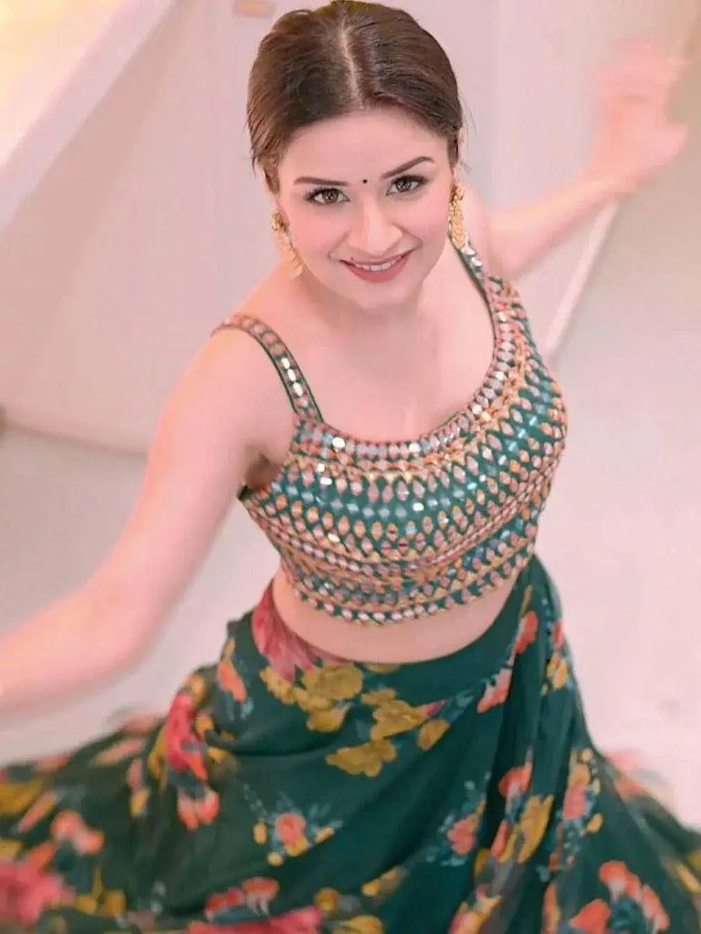 Wonderful Green Umbrella Printed Organza Party Wear Lehenga Choli