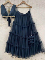 Incredible Blue Ruffle Net Party Wear Lehenga Choli