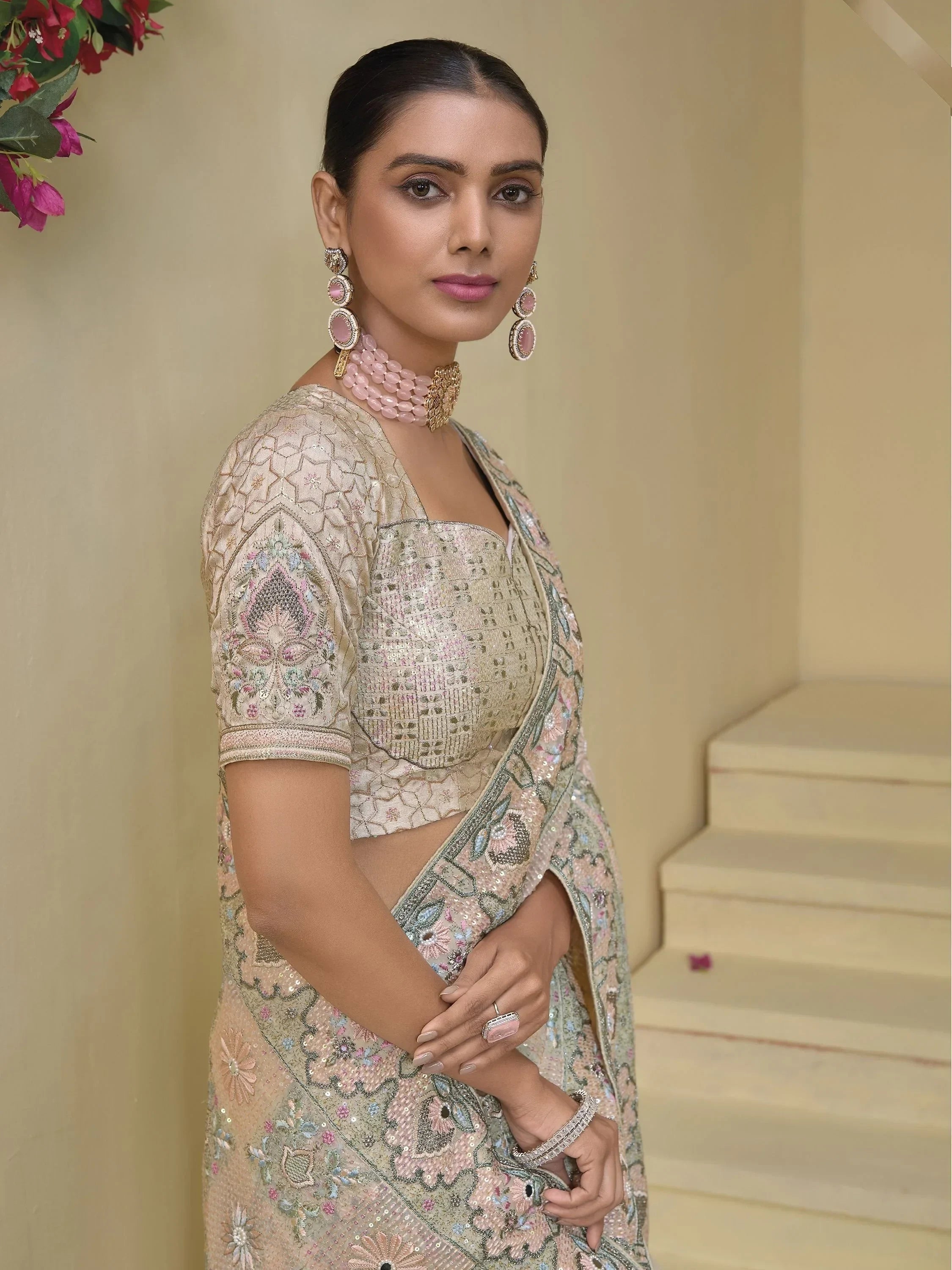 Fabulous Cream Thread Embroidered Organza Party Wear Saree With Blouse