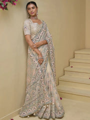 Fabulous Cream Thread Embroidered Organza Party Wear Saree With Blouse
