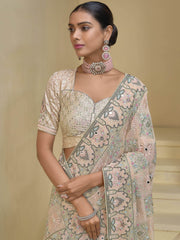 Fabulous Cream Thread Embroidered Organza Party Wear Saree With Blouse