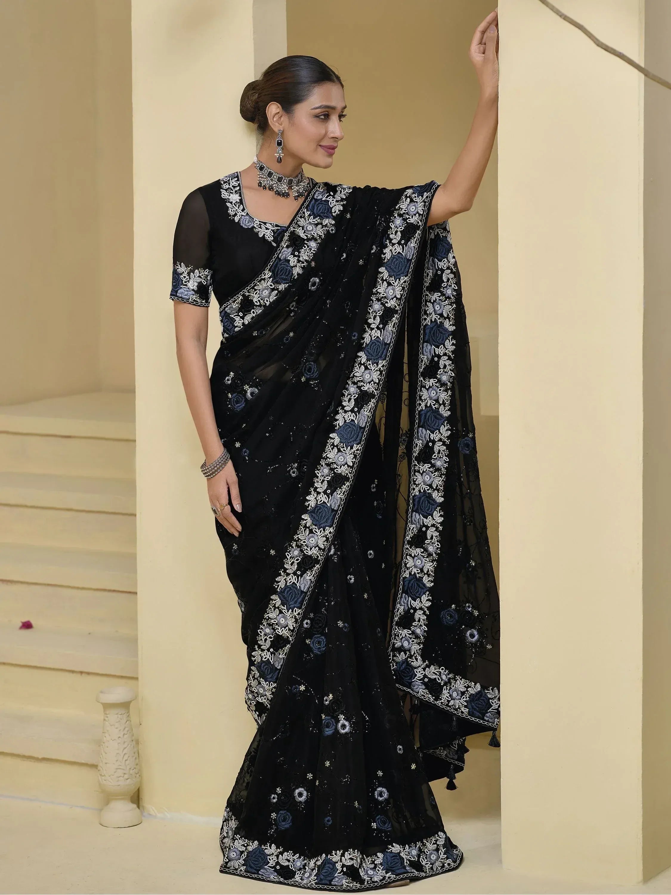 Black embroidered saree with floral detailing, perfect for Indian ethnic wear occasions