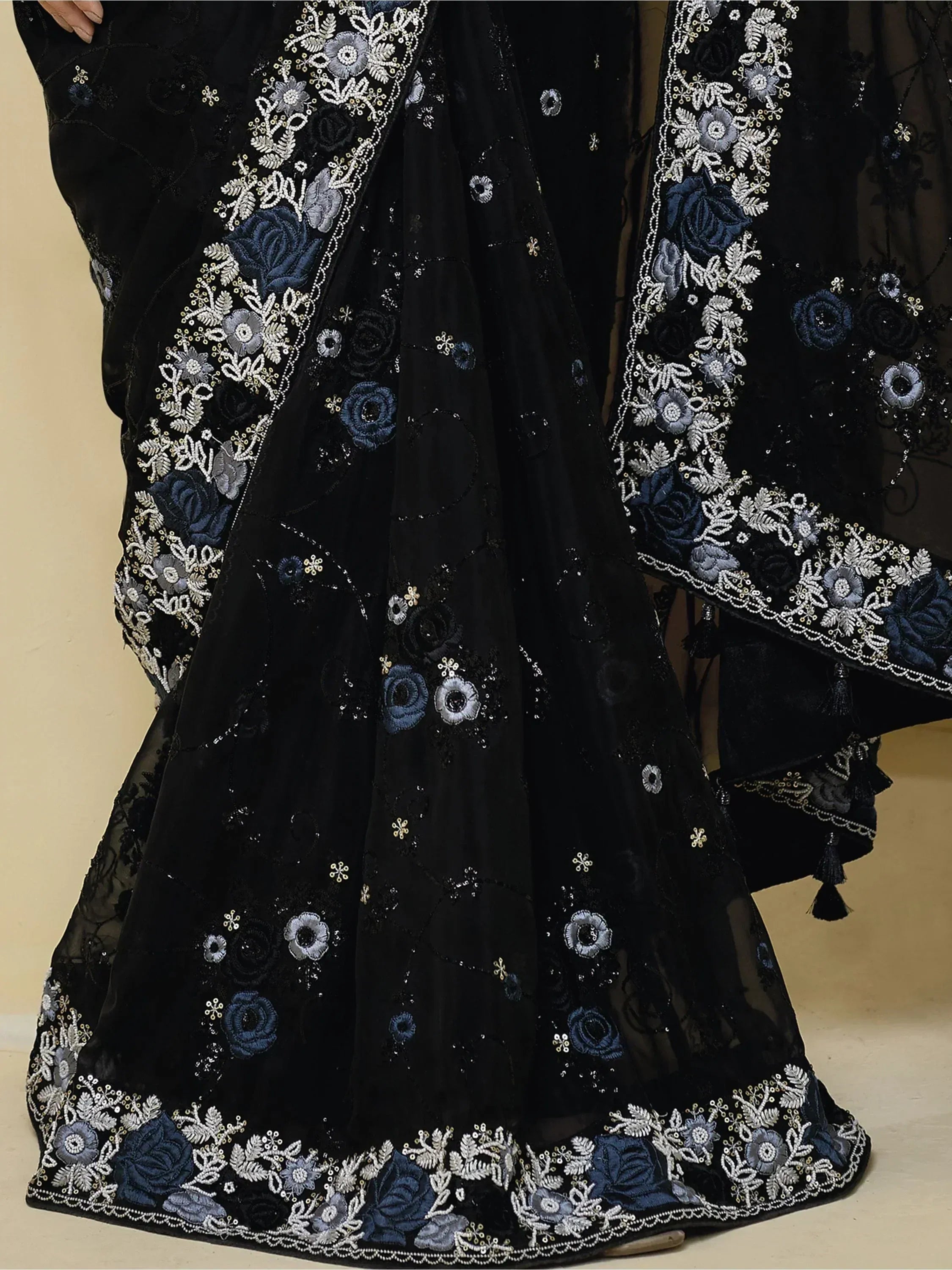 Black velvet lehenga with blue and silver floral embroidery and sequin detailing for ethnic wear