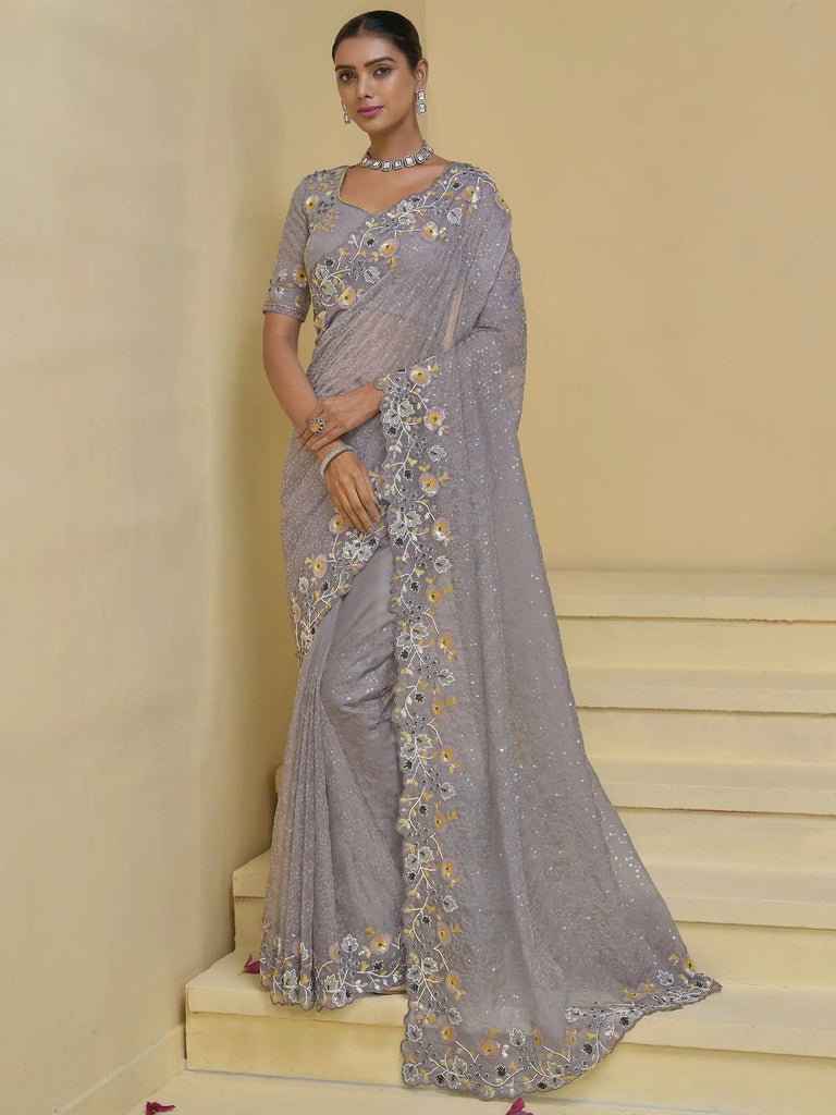 Astonishing Lavender Sequins Organza Event Wear Saree With Blouse