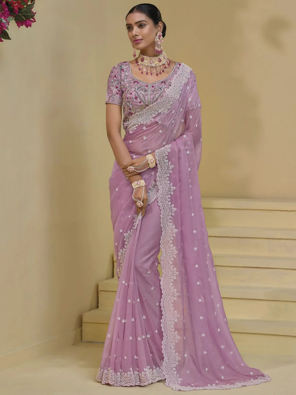 Amazing Baby Pink Moti Work Organza Wedding Wear Saree With Blouse