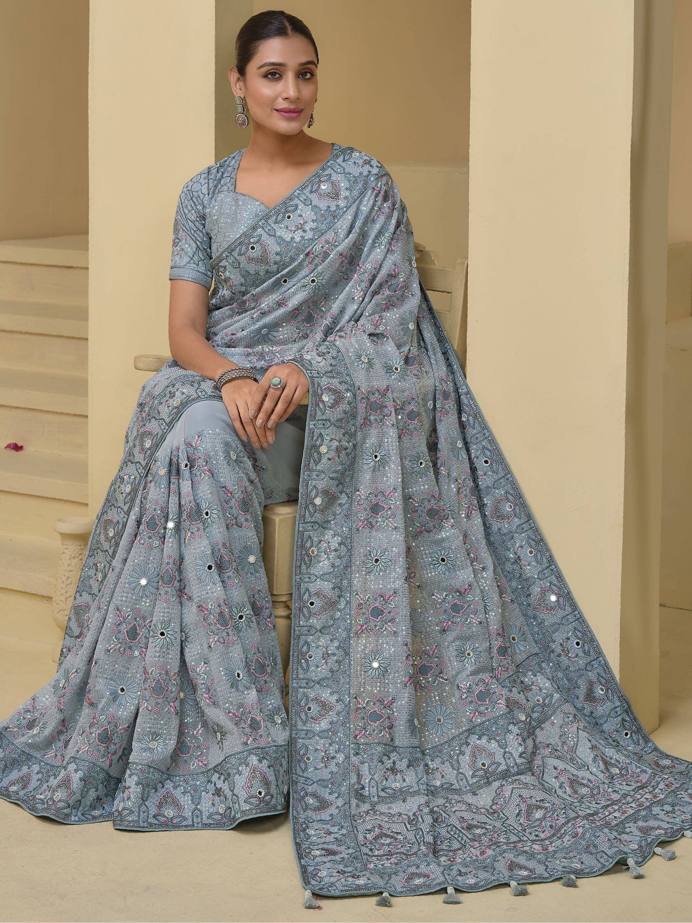 Blue floral embroidered lehenga choli with sequins and tassels, Indian ethnic wear for women