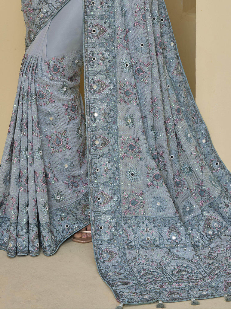 Lovely Powder Blue Thread Embroidered Organza Event Wear Saree With Blouse