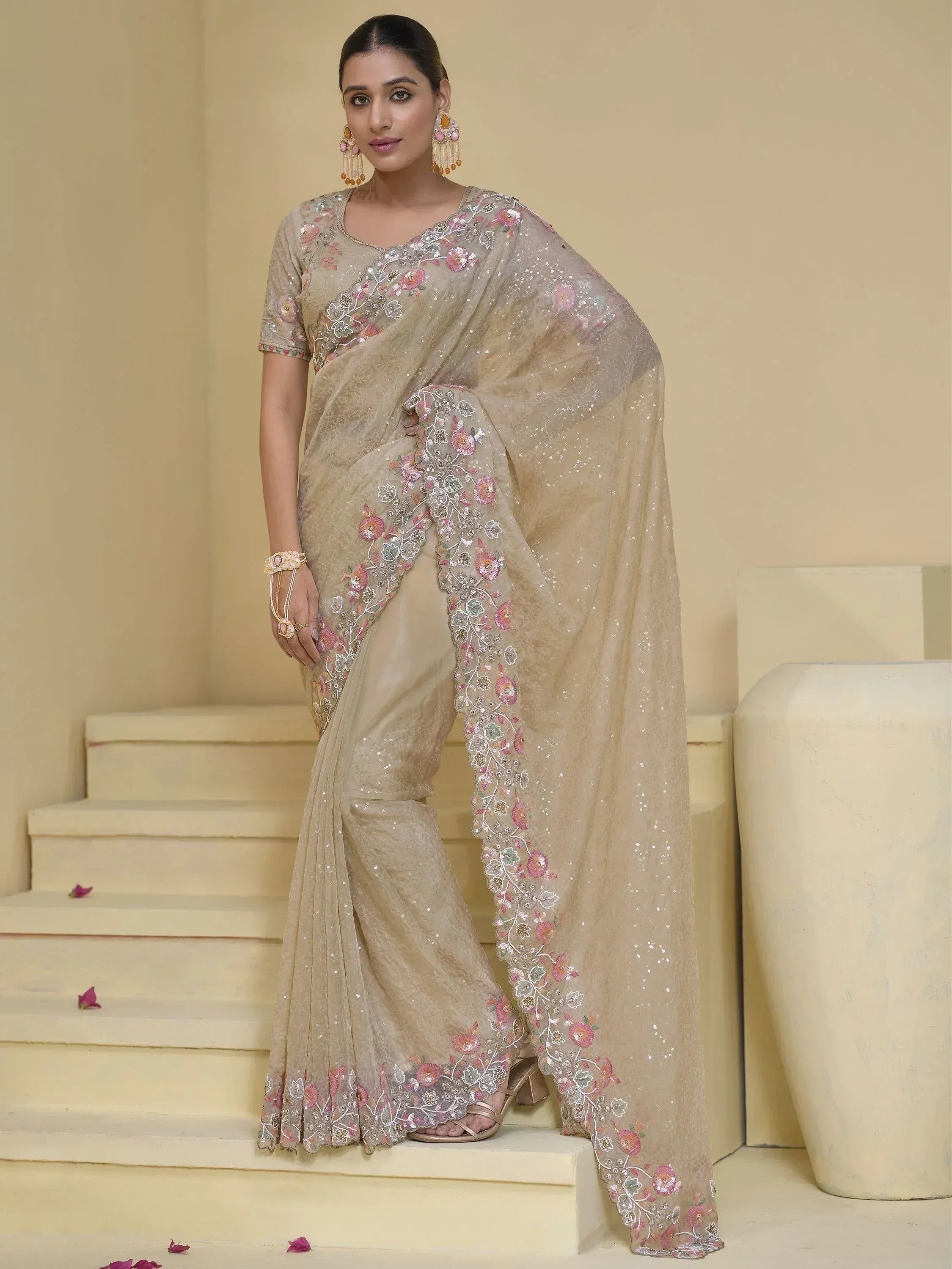 Beige floral embroidered saree with sequins, perfect for Indian ethnic wear and festive occasions