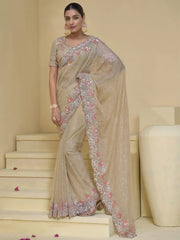 Adorable Cream Color Sequins Organza Wedding Wear Saree With Blouse