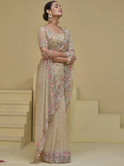 Adorable Cream Color Sequins Organza Wedding Wear Saree With Blouse