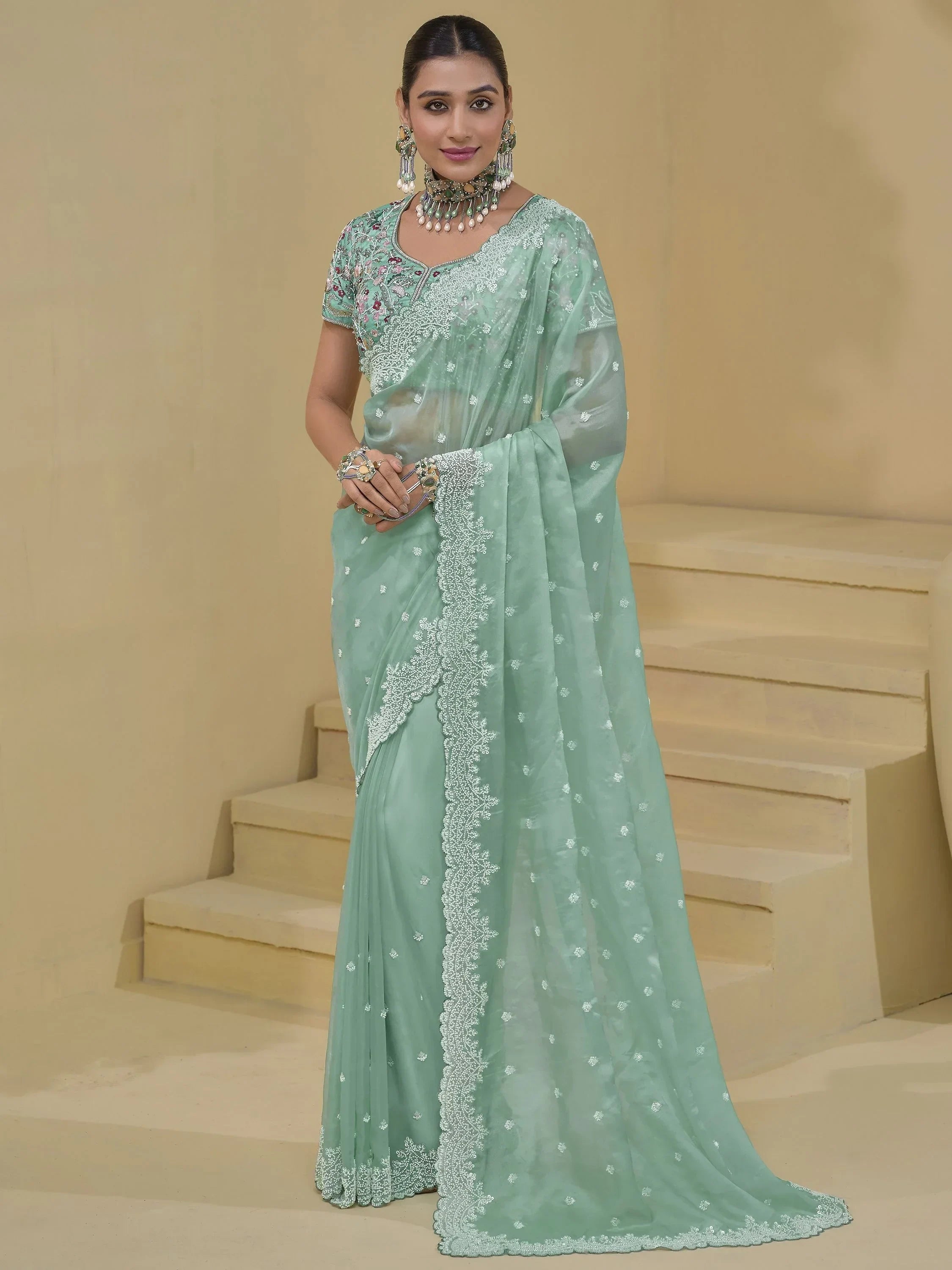 Ravishing Sea Green Moti Work Organza Function Wear Saree With Blouse