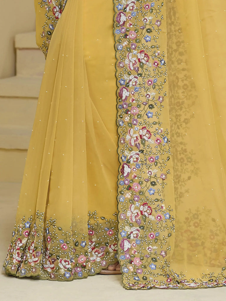 Amazing Yellow Color Moti Work Organza Haldi Wear Saree With Blouse