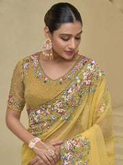 Amazing Yellow Color Moti Work Organza Haldi Wear Saree With Blouse