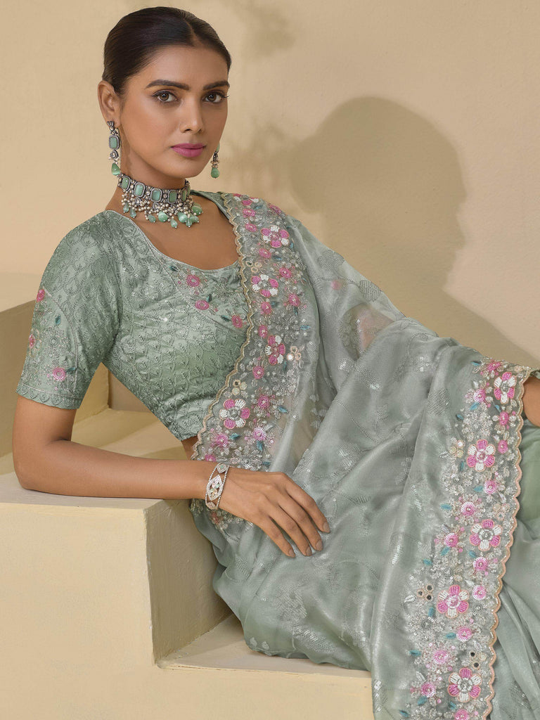 Lovable Pista Green Moti Work Organza Wedding Wear Saree With Blouse