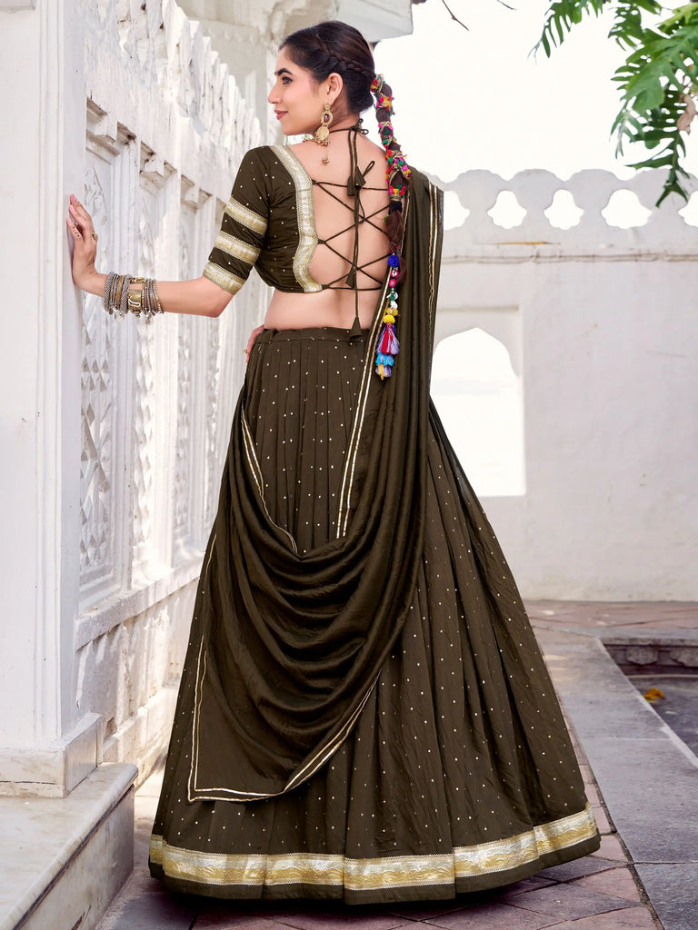 Fascinating Mehendi Zari Weaving Chanderi Lehenga Choli With Dupatta
