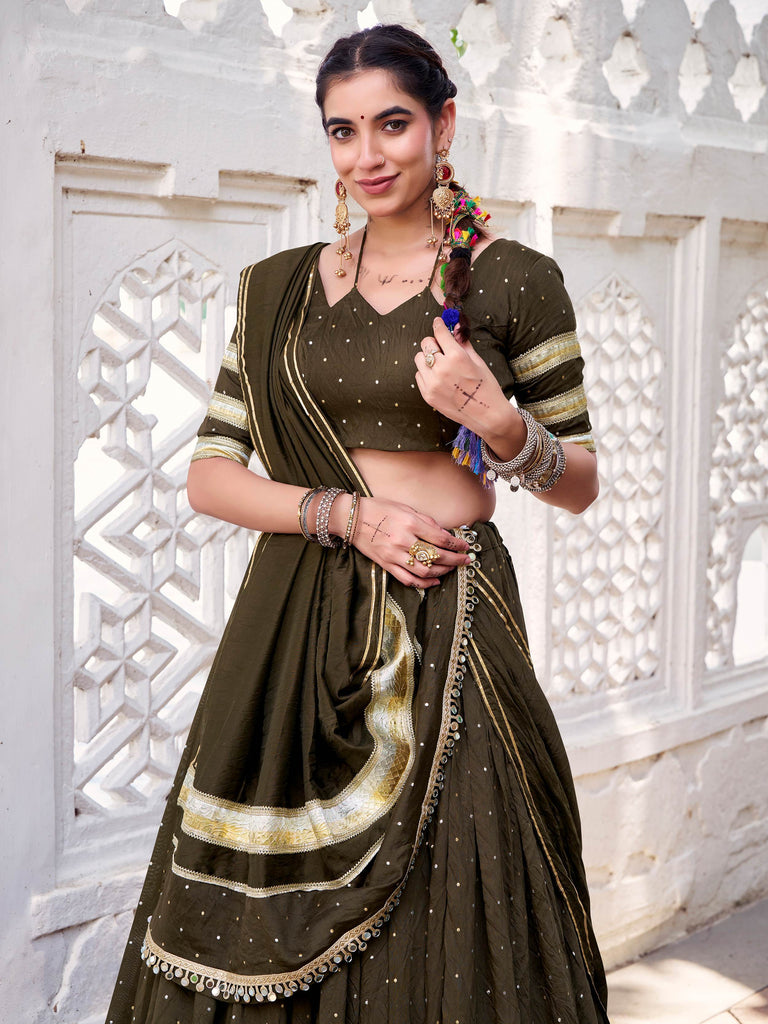 Fascinating Mehendi Zari Weaving Chanderi Lehenga Choli With Dupatta