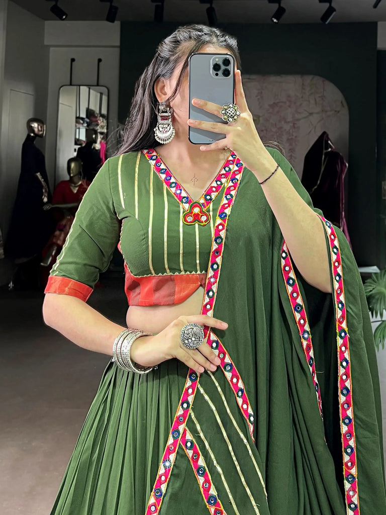 Gleaming Green Rayon Mirror Work Festival Wear Lehenga Choli
