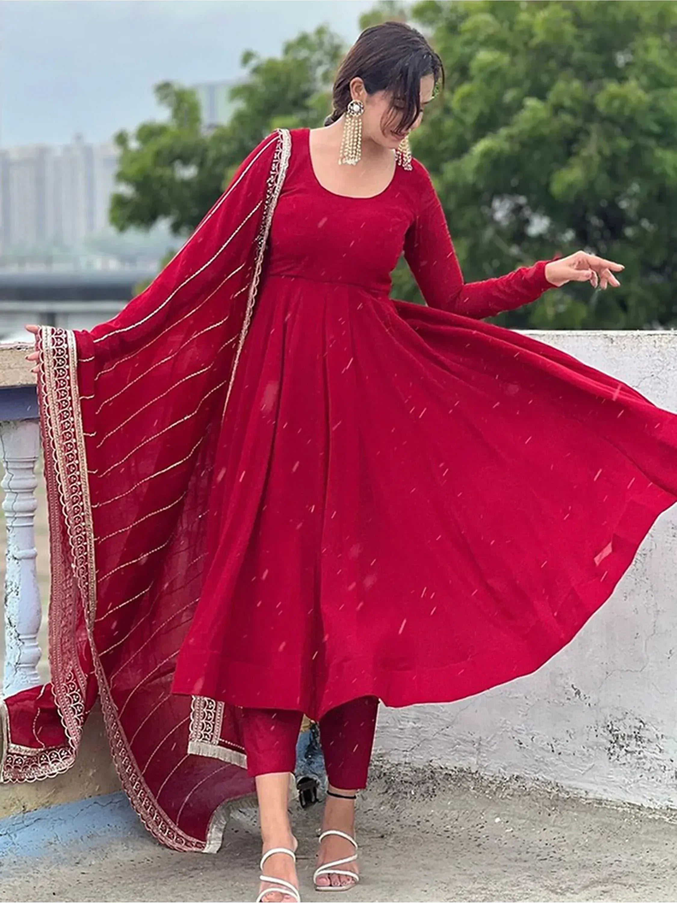 Red velvet anarkali suit with embroidered dupatta, perfect for Indian ethnic wear occasions