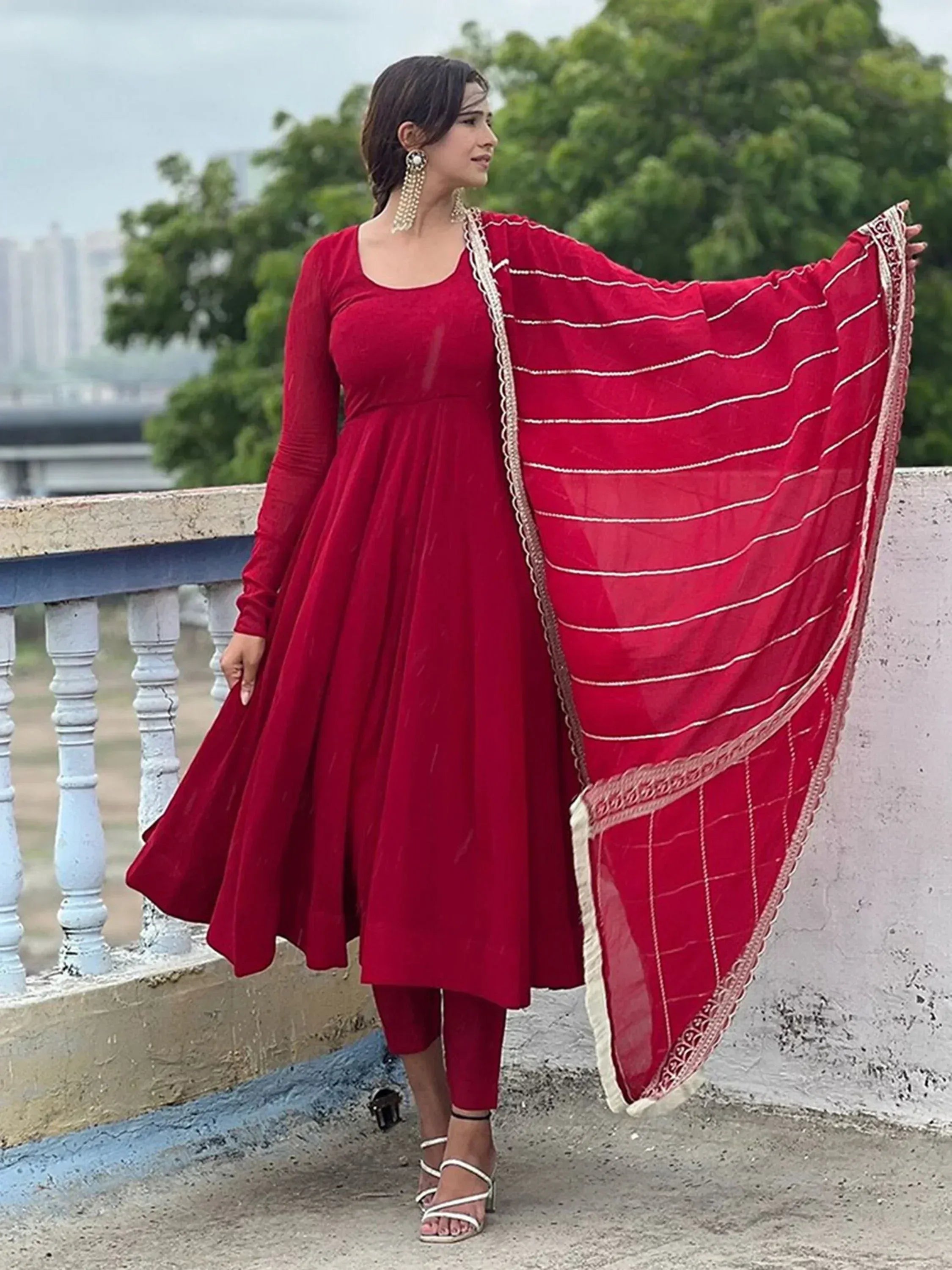 Red velvet anarkali suit with embroidered dupatta, ethnic wear for women