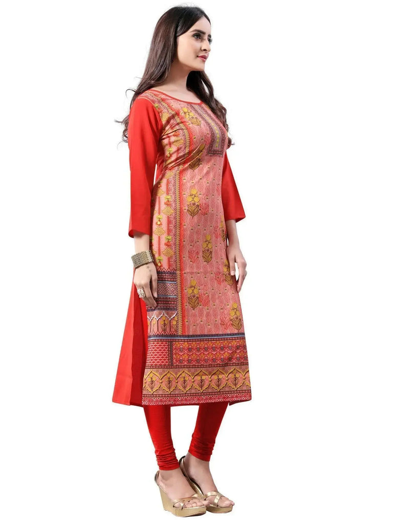 Orange Digital Floral Printed Crepe Readymade Kurti