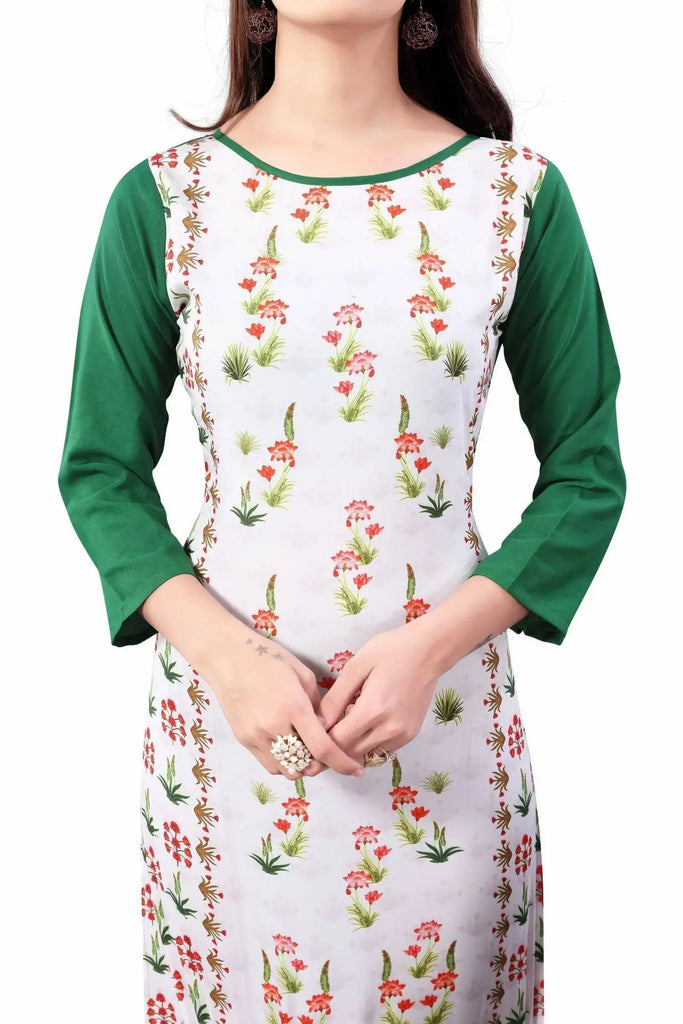 White-Green Digital Floral Printed Crepe Readymade Kurti