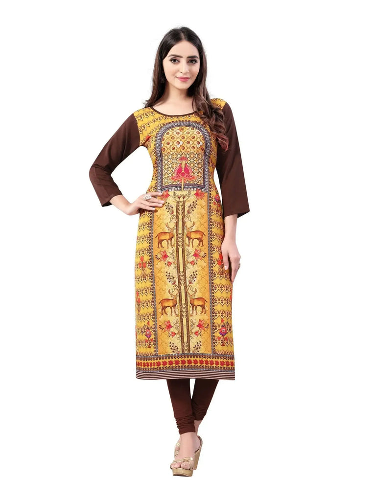 Mustard Yellow-Brown Digital Floral Printed Readymade Kurti