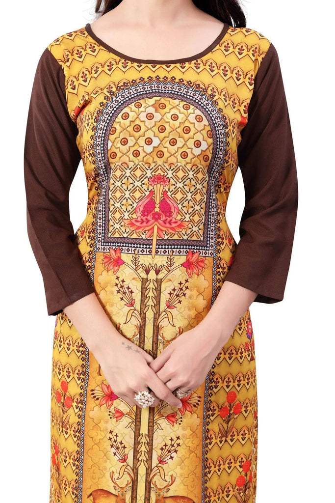 Mustard Yellow-Brown Digital Floral Printed Readymade Kurti
