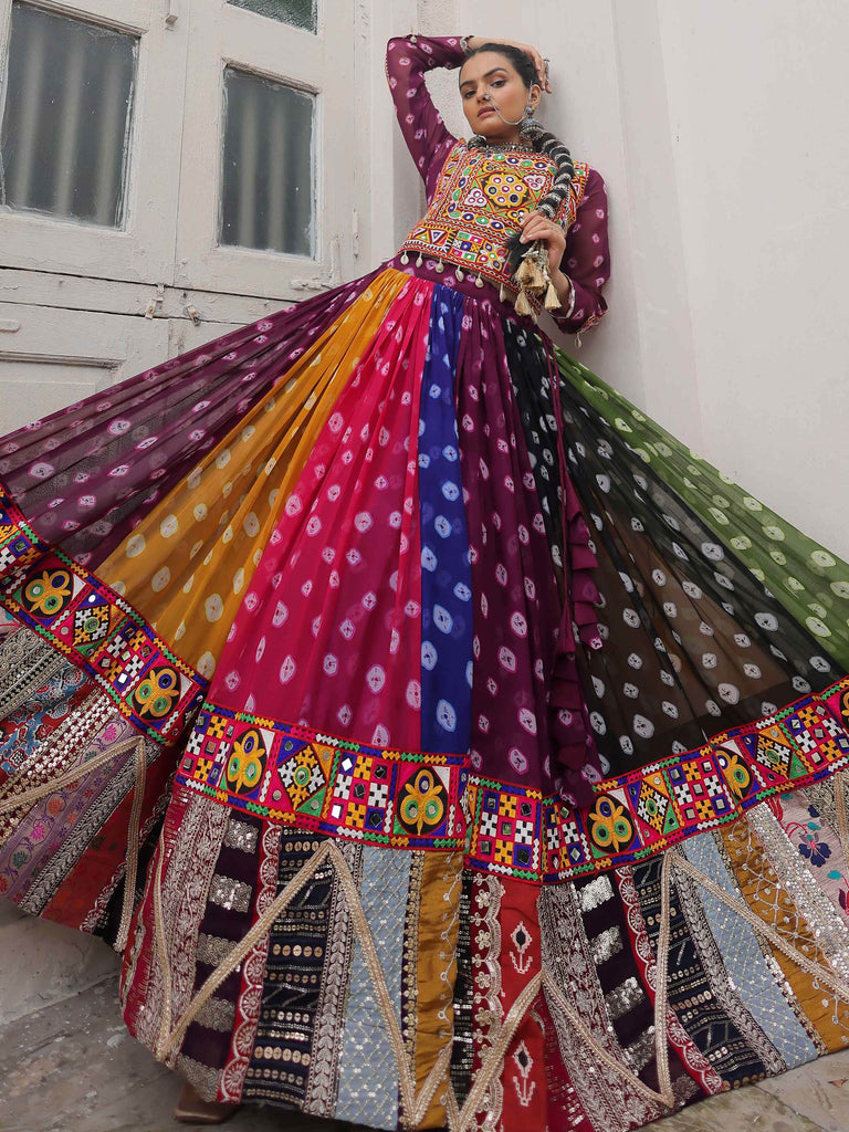 Timeless Multi-Color Georgette Printed Navratri Wear Crop Top Lehenga