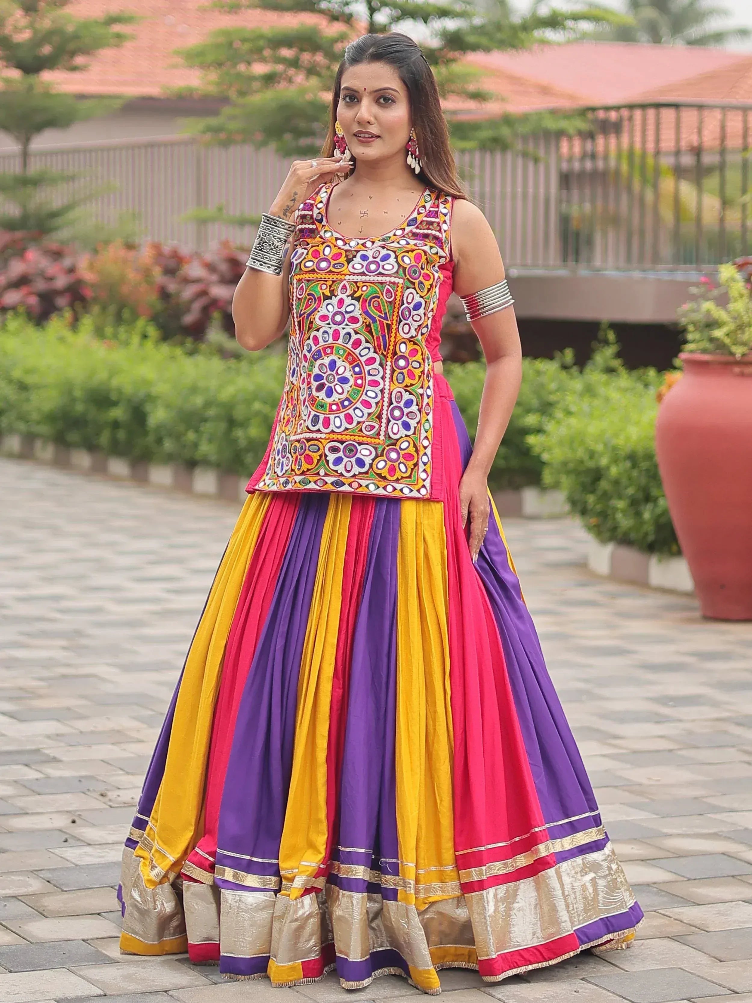 Vibrant multicolor embroidered lehenga choli with mirror work, perfect for Indian ethnic occasions