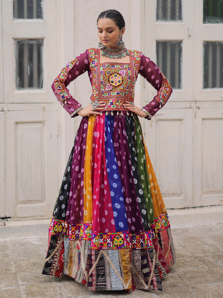Timeless Multi-Color Georgette Printed Navratri Wear Crop Top Lehenga